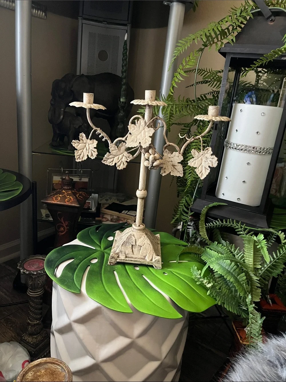 Cream Metal Grape Leaf 3-Arm Candelabra